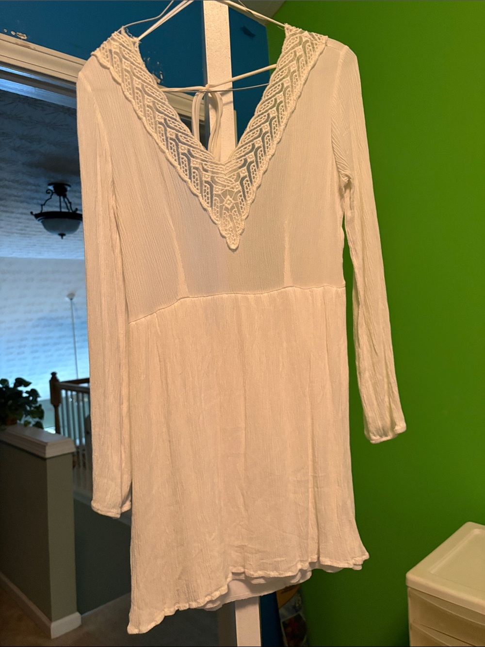 Sage White Long-Sleeve Lace V-Neck Tunic or Swimsuit Cover up